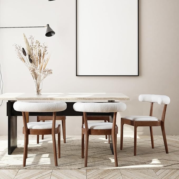 Wood Dining Chairs Set of 4, Mid Century Modern Living Room Chairs with Unique Curved Open Back Comfy Upholstered Side Chair for Kitchen/Restaurant/Reception, Sherpa White