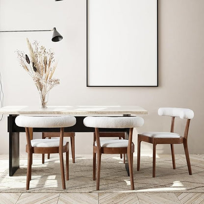 Wood Dining Chairs Set of 4, Mid Century Modern Living Room Chairs with Unique Curved Open Back Comfy Upholstered Side Chair for Kitchen/Restaurant/Reception, Sherpa White