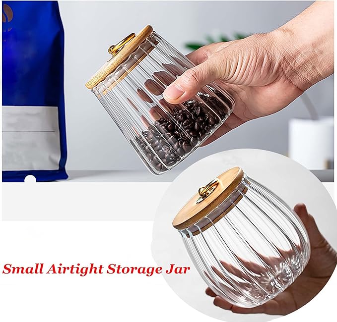 FANTESTICRYAN Small Glass Coffee Nuts Canister Airtight Storage Jar Petal Decorative Container with Bamboo Lid Metal Handle Easy to Grasp 700ml, 23 FL OZ (Set of 2)