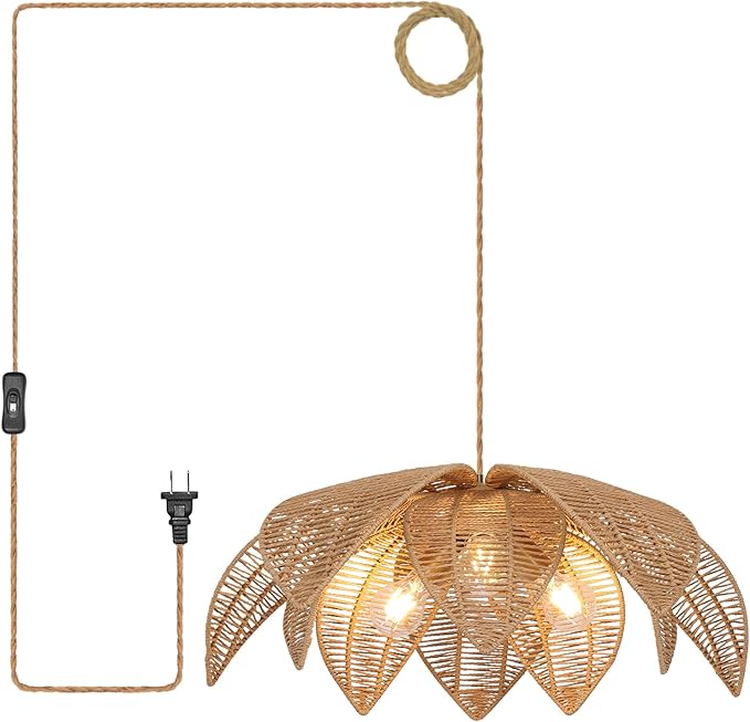 Rattan Plug in Pendant Light with 15FT Hemp Rope Cord Boho Light Fixture Can accommodate 3*E26 Bulbs of Woven Wicker Chandelier for Living Room Bedroom Dinning