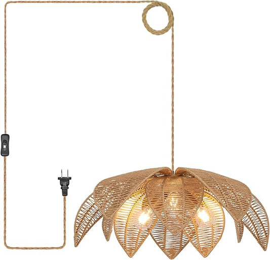 Rattan Plug in Pendant Light with 15FT Hemp Rope Cord Boho Light Fixture Can accommodate 3*E26 Bulbs of Woven Wicker Chandelier for Living Room Bedroom Dinning