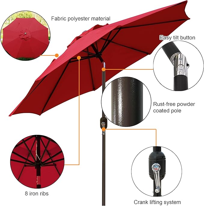 Blissun 9' Outdoor Patio Umbrella, Outdoor Table Umbrella, Yard Umbrella, Market Umbrella with 8 Sturdy Ribs, Push Button Tilt and Crank