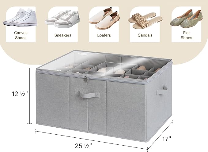 StorageWorks Shoe Organizer for Closet, Fits up to 24 Pairs, Shoe Cubby Storage Containers with Adjustable Dividers and Clear Cover, Grey
