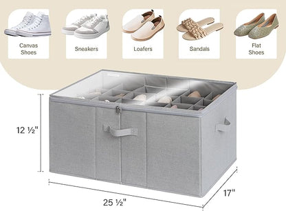 StorageWorks Shoe Organizer for Closet, Fits up to 24 Pairs, Shoe Cubby Storage Containers with Adjustable Dividers and Clear Cover, Grey