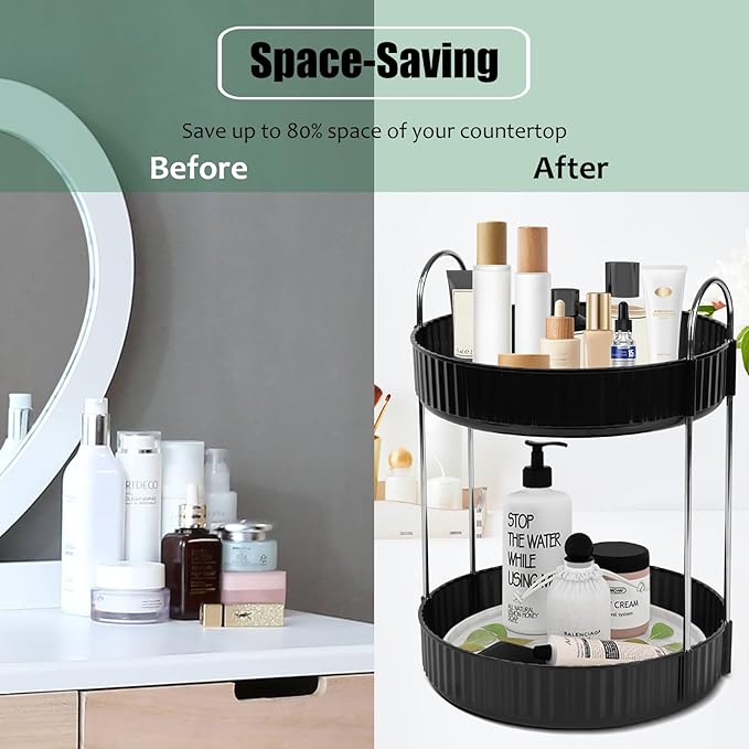 Rotating Makeup Organizer Countertop 2 Tier Lazy Susan Spinning Skincare Perfume Storage for Bathroom Counter Vanity, Black