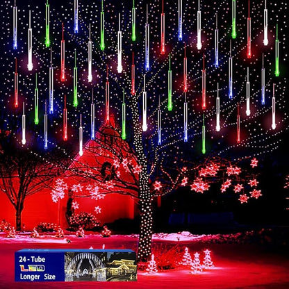 Outdoor Christmas Decorations: Meteor Shower Rain Lights Outdoor 24Tubes(Equivalent to 3 Sets of 8-Tubes) Icicle Christmas Lights for Halloween Xmas Yard Home, Multi Color