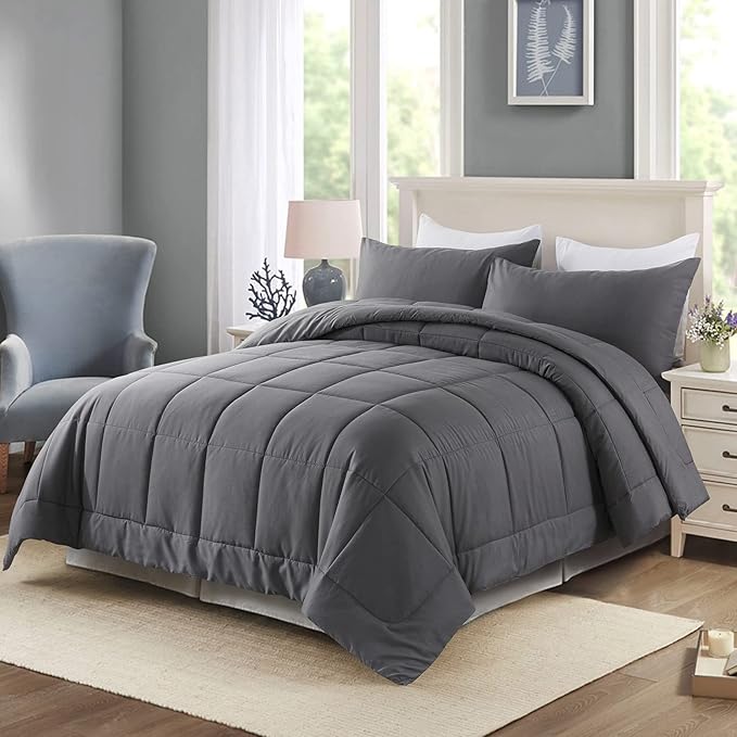 DOWNCOOL Queen Comforter Set -All Season Bedding Comforters Sets with 2 Pillow Cases-3 Pieces Bedding Sets Queen -Down Alternative Grey Queen Size Comforter Sets(88"x90")