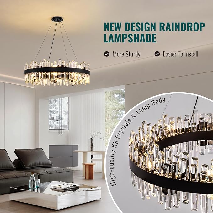Siljoy Modern Crystal Chandelier 16-Light Farmhouse Black Round Crystal Raindrop Chandelier Industrial Dimmable Crystal Pendant Ceiling Light Fixture for Dining Living Room Entryway Foyer D31.5''