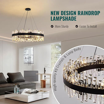 Siljoy Modern Crystal Chandelier 16-Light Farmhouse Black Round Crystal Raindrop Chandelier Industrial Dimmable Crystal Pendant Ceiling Light Fixture for Dining Living Room Entryway Foyer D31.5''