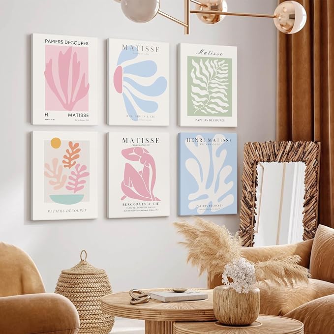 Henri Matisse Wall Art Prints Pink Blue Canvas Wall Decor Aesthetic Pictures Wall Art Danish Pastel Painting Henri Matisse Poster Trendy Artwork for Bedroom 8x10 Inch Wrapped Canvas Set of 6