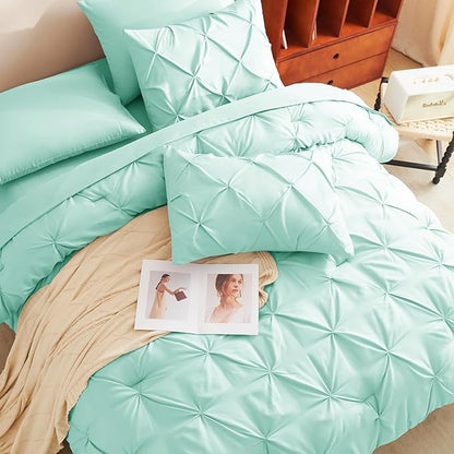 CozyLux Full Size Comforter Sets Mint Green, 7 Pieces Pintuck Bed in A Bag Green Comforter Full Size, Pinch Pleat Bedding Sets with All Season Comforter, Flat Sheet, Fitted Sheet, Pillowcases & Shams