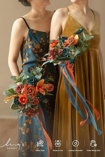 Ling's moment Artificial Flowers Teal Bridesmaid Bouquet, Burnt Orange Wedding Flowers Bouquets for Bridesmaids, 7 Inch Bridal Bouquets for Bridesmaids, Wedding Decor, Ceremony, etc.