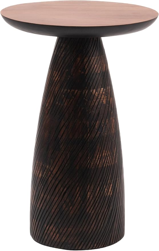 Mid-Century Farmhouse Cottagecore Accent Drink Table, Round Solid Mango Wood Accent Table with Carved Cone Base Minimalist Design for Small Spaces, Living Room, Bedroom or Entryway, Walnut, Assembled