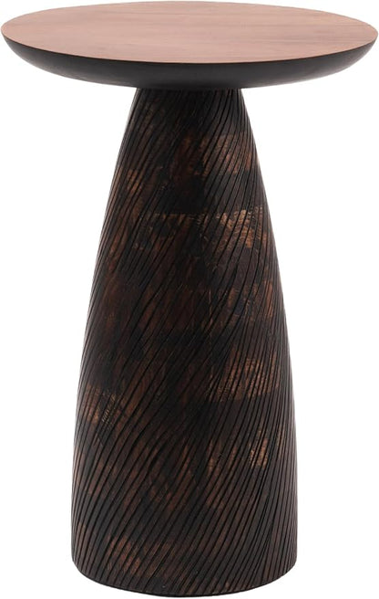 Mid-Century Farmhouse Cottagecore Accent Drink Table, Round Solid Mango Wood Accent Table with Carved Cone Base Minimalist Design for Small Spaces, Living Room, Bedroom or Entryway, Walnut, Assembled