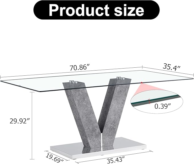 Glass Dining Table for 6-8 People, 71" Kitchen Table Dinner Table, Tempered Glass Top and MDF Base, Dining Table Ideal for Living Room Office