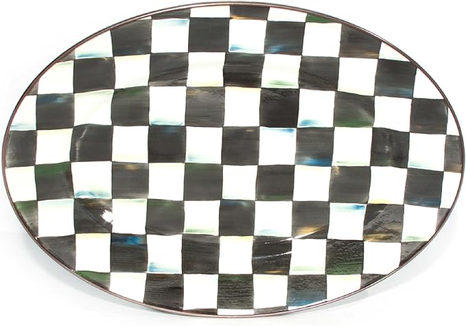 MACKENZIE-CHILDS Enamel Oval Platter, Serving Plate for Entertaining, Small, Black-and-White Courtly Check