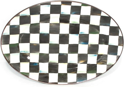 MACKENZIE-CHILDS Enamel Oval Platter, Serving Plate for Entertaining, Small, Black-and-White Courtly Check