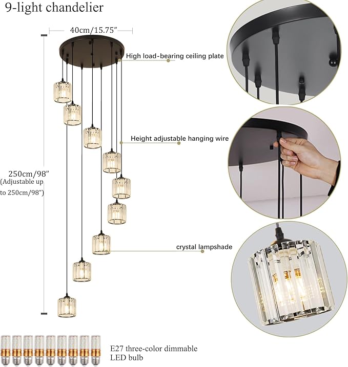 Long Chandeliers for High Ceilings,Modern Crystal Pendant Light,Raindrop Drop Lamp,Hanging Lighting Fixtures for Spiral Staircase,Foyer,Entryway,Living Room,Black (9 Lights)