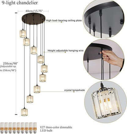 Long Chandeliers for High Ceilings,Modern Crystal Pendant Light,Raindrop Drop Lamp,Hanging Lighting Fixtures for Spiral Staircase,Foyer,Entryway,Living Room,Black (9 Lights)