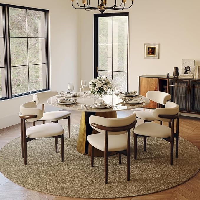 POVISON Round Dining Table for 6, 59" Modern Dining Room Table, Pandora Sintered Stone Tabeltop with Bronze Carbon Steel Pedestal (Dining Table Only)