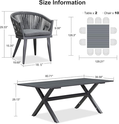 PURPLE LEAF 12 Pieces Outdoor Dining Set with Patio Aluminium Dining Table and Wicker Chairs Modern Furniture Cushions Sets for Backyard Indoor Decor Kitchen Gray