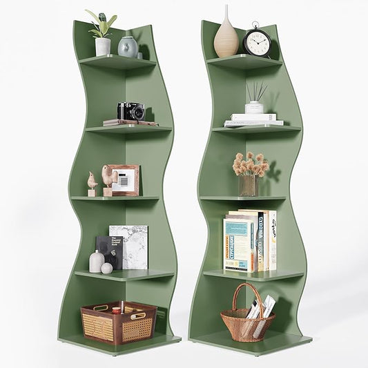 LITTLE TREE Small Corner Shelf, Modern 5-Tier Wall Corner Bookshelf, Stylish Bookcase Storage Rack for Small Space, Living Room, Bedroom, Green, 2 Pack