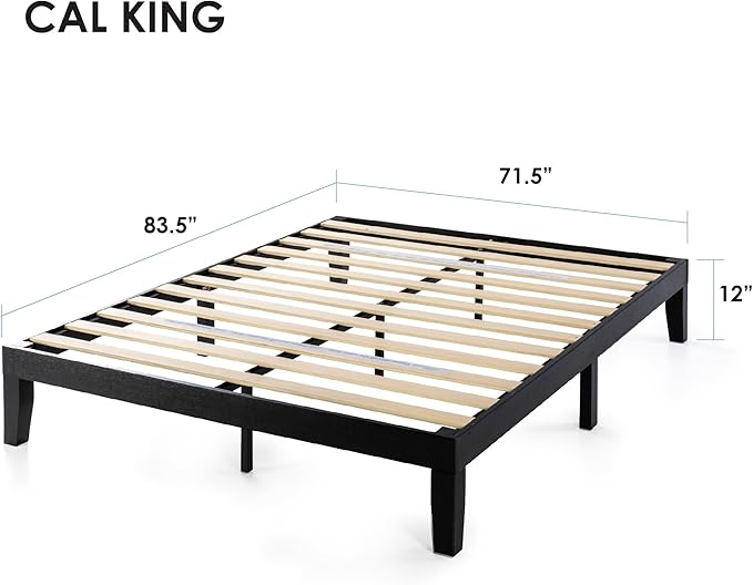 Mellow Naturalista Classic 12 Inch Solid Wood Platform Bed with Wooden Slats, Cal King, Black