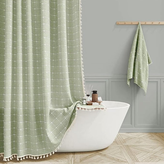 BTTN Stall Shower Curtain - 60x84 Long Boho Farmhouse Linen Weighted Fabric Cloth Shower Curtain Set with 10 Plastic Hooks, Narrow Bohemian Country Decorative Shower Curtains for Bathroom - Sage Green