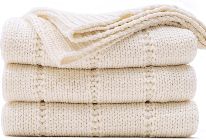 RECYCO Cable Knit Cream White Throw Blanket Twin Size, Super Soft Warm Cozy Decorative Knitted Throw Blanket 3.6LB for Bed, Chair Large 60"x80"