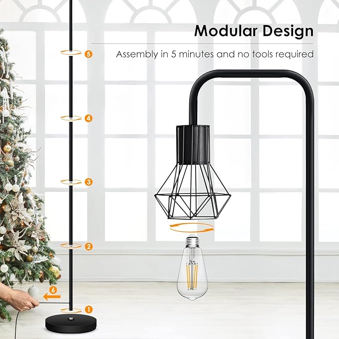 BoostArea Floor Lamp, Industrial Floor Lamp, 6W Diamond Standing Lamp, E26 Socket, On/Off Footswitch, Whole Metal, Modern Small Simple Stand Up Lamp for Bedroom Living Room, Vintage, Mid Century