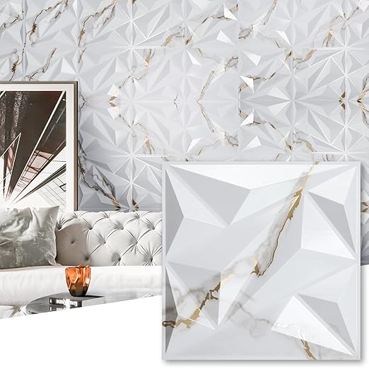 Art3dwallpanels 33 Pack 3D Wall Panel Diamond for Interior Wall Décor, PVC Textured Wall Panels, 12''x12'' Cover 32.Sq.Ft. Gold Veined White