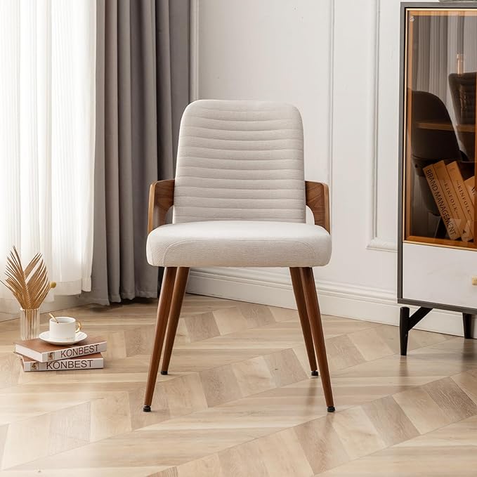 Dining Room Chairs,Mid Century Modern Kitchen Chairs,Upholstered Beige Fabric Chairs,Metal Legs Wooden Desk Chairs Armless and No Wheels for Kitchen Dining Living Room,1PCS