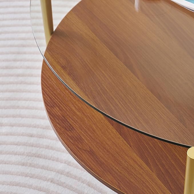 Extra Large Round Coffee Table, Mid-Century Modern Design, D34 x H17 in, for Living Room, 2-Tier Structure, Clear Glass Top and Walnut MDF Shelf, Sleek Conical Metal Legs with Gold Finish