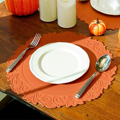 Noctiflorous Round Faux Leather 15 Inch Placemats Set of 4 Waterproof Wipeable Heat Resistant Tablemat for Dining Table Kitchen Non Slip Washable Oilproof Table Place Mat(Pumpkin Orange, 4)