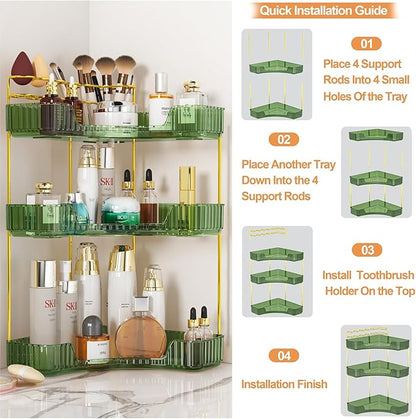 SUNZOS 3-Tier Corner Bathroom Counter Organizer, Bathroom Organizer Countertop with Makeup Brush Holder, Vanity Makeup Cosmetic Storage, Corner Storage Organizers for Dresser