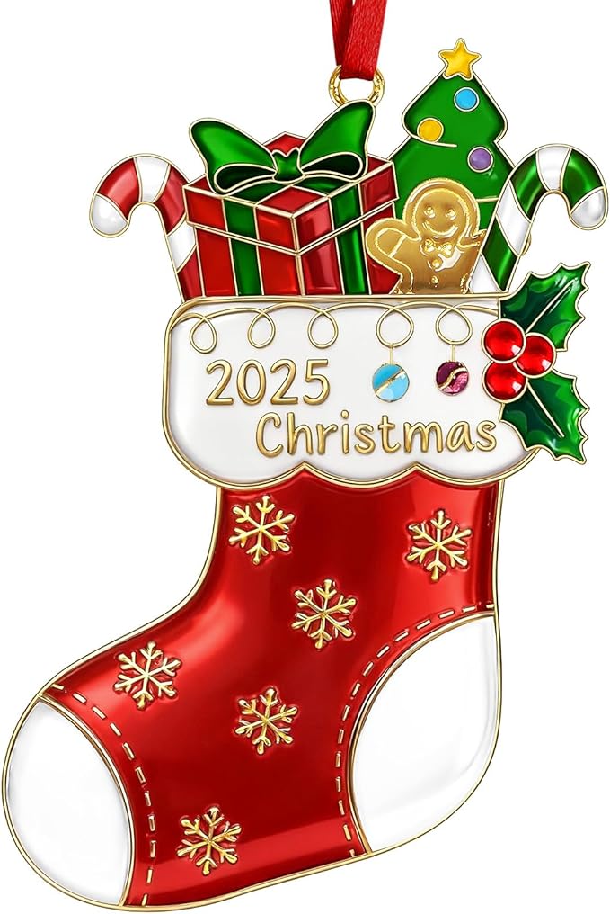 Christmas Stocking Ornament 2025 for Tree Decorations Stockings Gift, Metal Dated Ornaments 2025 Keepsake Yearly Hanging Ornaments for Xmas Tree Wreath Decor Holiday Party Supplies Snowflake