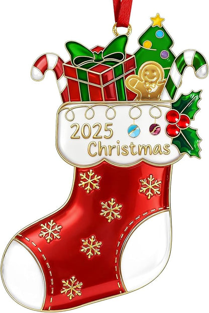 Christmas Stocking Ornament 2025 for Tree Decorations Stockings Gift, Metal Dated Ornaments 2025 Keepsake Yearly Hanging Ornaments for Xmas Tree Wreath Decor Holiday Party Supplies Snowflake