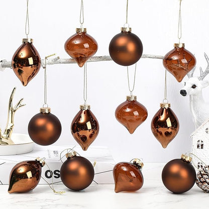 Zomiboo 12 Pcs Brown Glass Christmas Ball Ornaments Set 3.15" Hanging Shatterproof Glass Bulbs for Christmas Tree Baubles Bulk for Holiday Xmas Tree Decorations Gifts