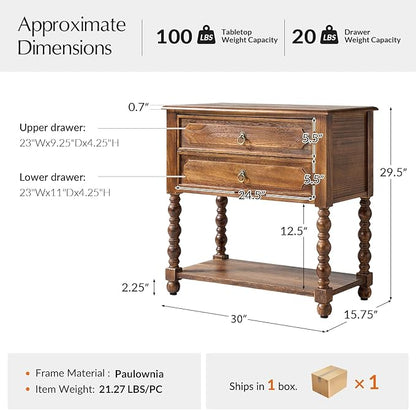 HULALA HOME Farmhouse Storage End Table with 2 Drawers and Open Shelf, Solid Wood Side Table with Spindle Legs, Nightstand with Charging Station (Walnut)