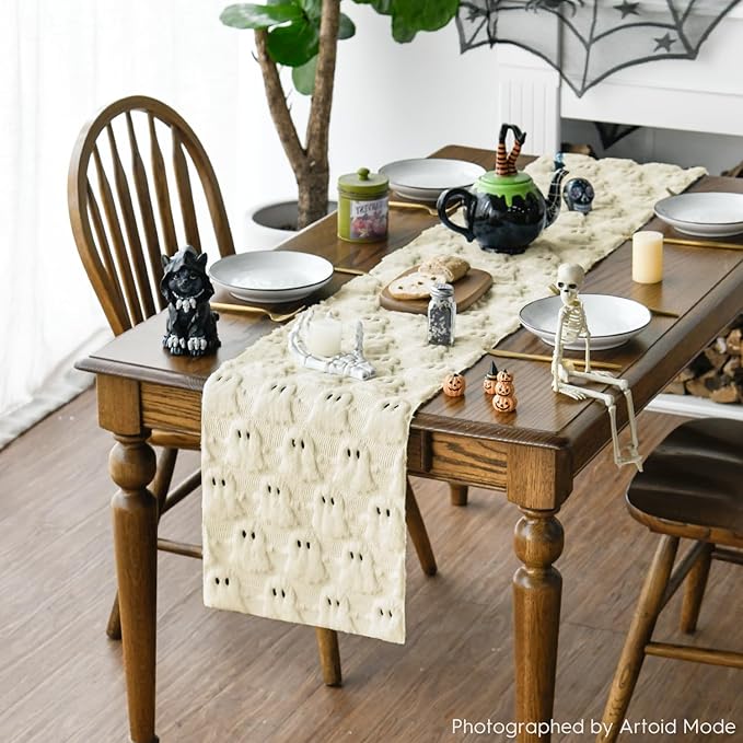 Artoid Mode Beige Ghost Soft Plush Faux Fur Jacquard Halloween Table Runner, Holiday Kitchen Dining Table Decoration for Home Party Decor 13x48 Inch