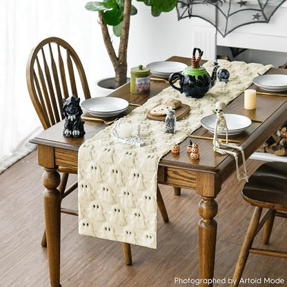 Artoid Mode Beige Ghost Soft Plush Faux Fur Jacquard Halloween Table Runner, Holiday Kitchen Dining Table Decoration for Home Party Decor 13x48 Inch