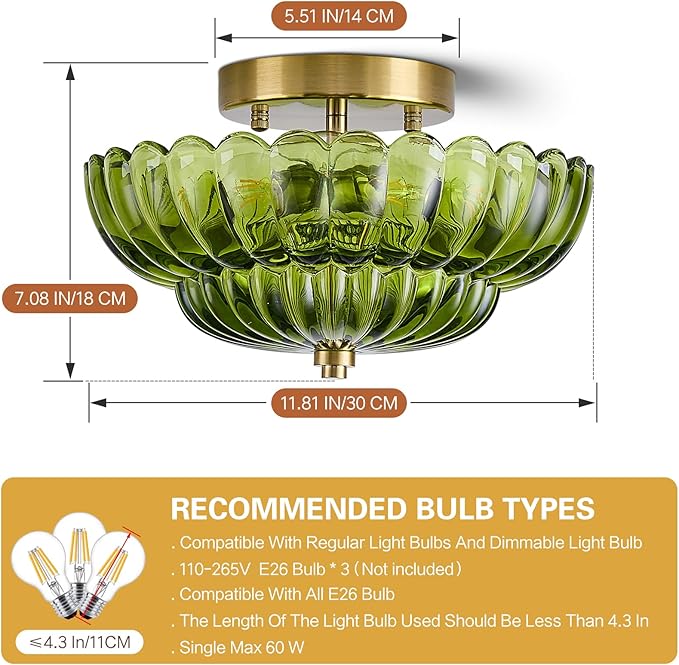 Modern Mid Century Gold Semi Flush Mount Ceiling Light Fixture,3 Lights Green Glass Close to Ceiling Lighting Fixtures for Bedroom Hallway Kitchen Foyer Bathroom Closet Laundry Room 11.8 inch