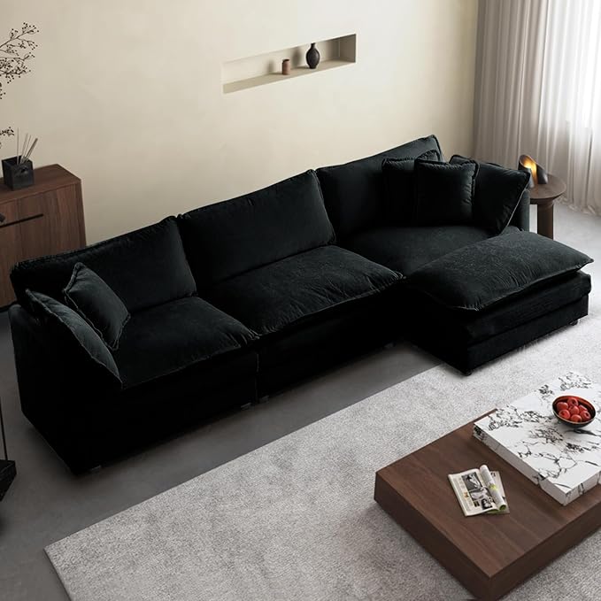 SoarFlash Chenille Sectional Sofa, Comfy L Shaped Modular Coush Sofa with Ottoman, Modern 3 Seat Couch Deep Seat Sofa Set for Living Room,Black