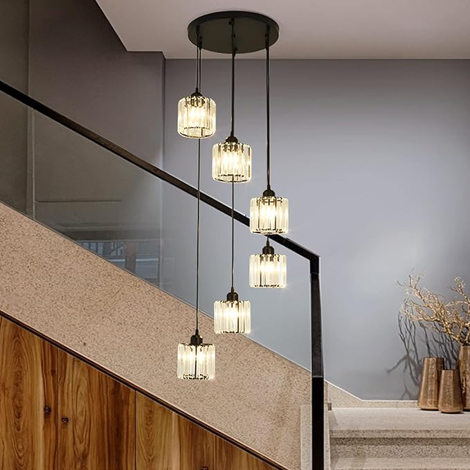 Long Chandeliers for High Ceilings,Modern Crystal Pendant Light,Raindrop Drop Lamp,Hanging Lighting Fixtures for Spiral Staircase,Foyer,Entryway,Living Room,Black (6 Lights)