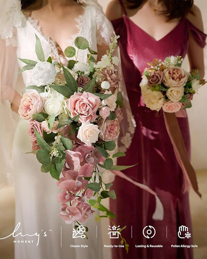 Ling's moment Dusty Rose Bridal Bouquet Cascading, Pink Wedding Bouquets for Bride, 15 Inch Bride Bouquet Orchids Artificial Wedding Flower Bouquet