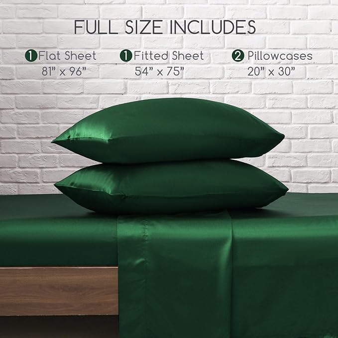 MR&HM Satin Bed Sheets, Full Size Sheets Set, 4 Pcs Silky Bedding Set with 15 Inches Deep Pocket for Mattress (Full, Dark Green)
