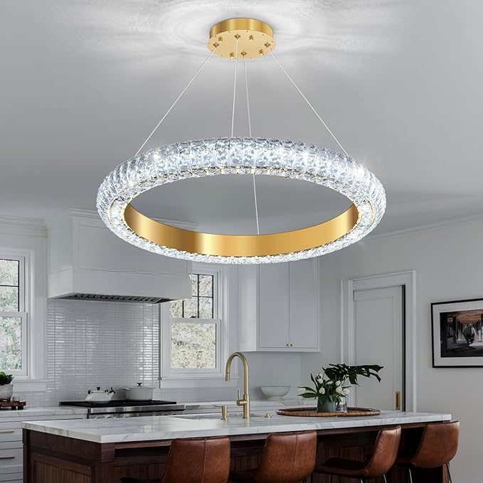 24" Ring Modern LED Dimmable Crystal Chandelier Adjustable Height Pendant Light Round Crystal Chandelier Light Fixtures for Dining Room Living Room Kitchen Island Gold
