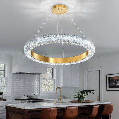 24" Ring Modern LED Dimmable Crystal Chandelier Adjustable Height Pendant Light Round Crystal Chandelier Light Fixtures for Dining Room Living Room Kitchen Island Gold