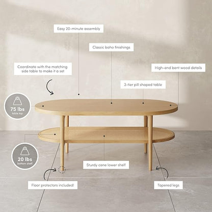 Nathan James Sonia Coffee Table with Storage Shelf, Light Wood/Rattan