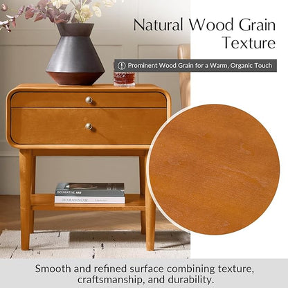 HULALA HOME Nightstand with Pull-Out Shelf, Mid Century Modern End Table with Storage Drawer, Charging Station, Solid Wood Legs, Acorn